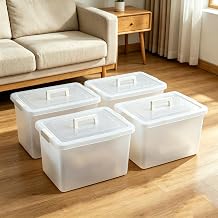 Stackable Plastic Storage Bins with Lids,Container to Organize Shoes and Crafts on Closet Shelves,Garage, Totes, Tubs Boxes Organizing 4 Pack HANDLE-4XL