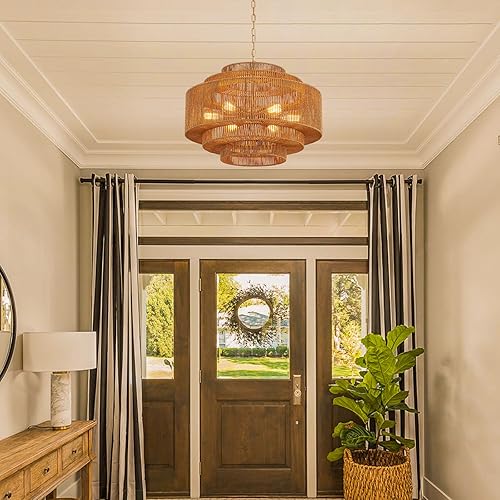 Miniatura 6 de Candelabro de ratán tejido a mano, grande, bohemio, para sala de estar, 25.6 pulgadas, 6 luces, estilo rústico, vintage, de mimbre, bambú, para