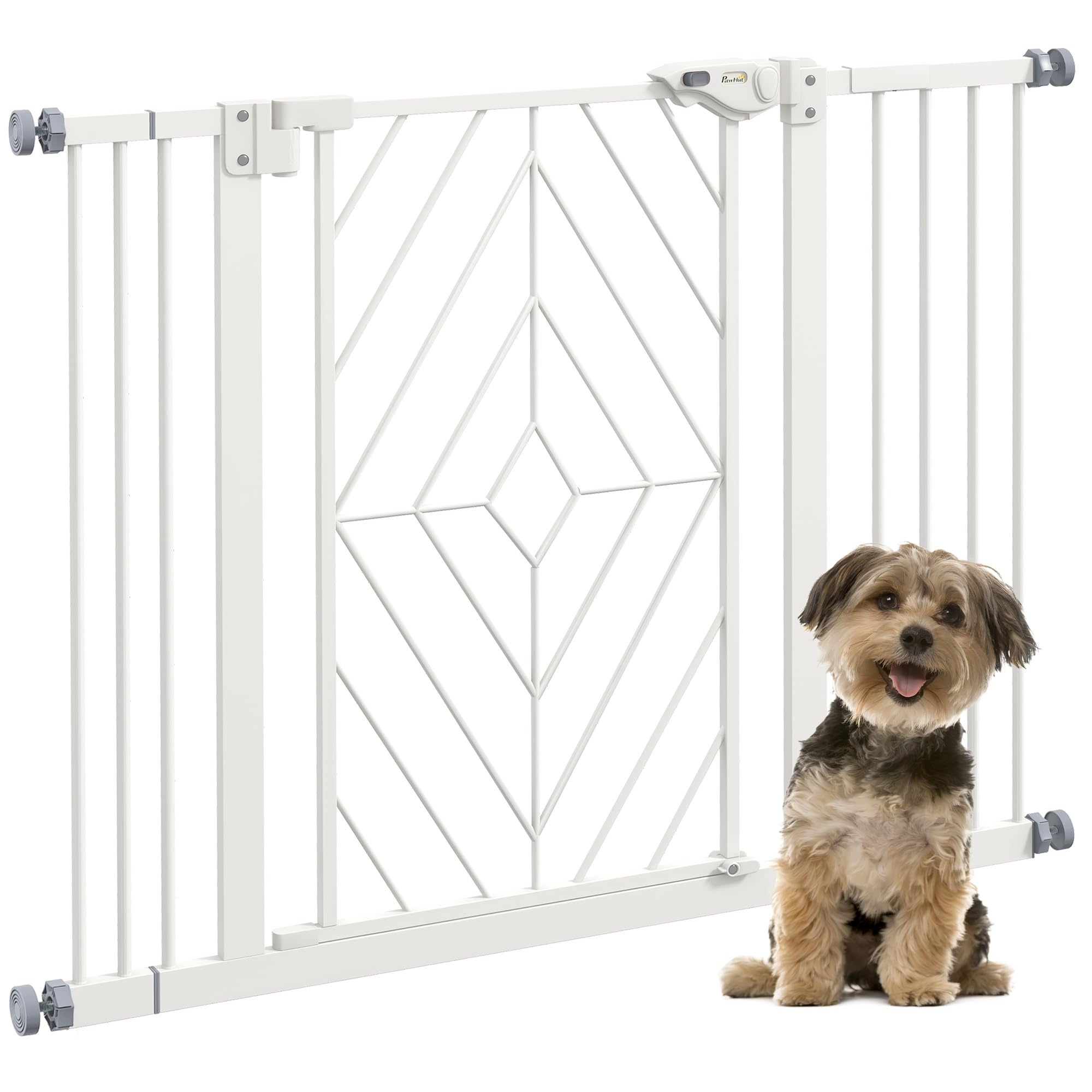 PawHut Pressure Fit Safety Gate Dog Gate Auto Closing Door 74-100cm White | for Doorways Staircases, Pet Barrier Hallways, Double Locking
