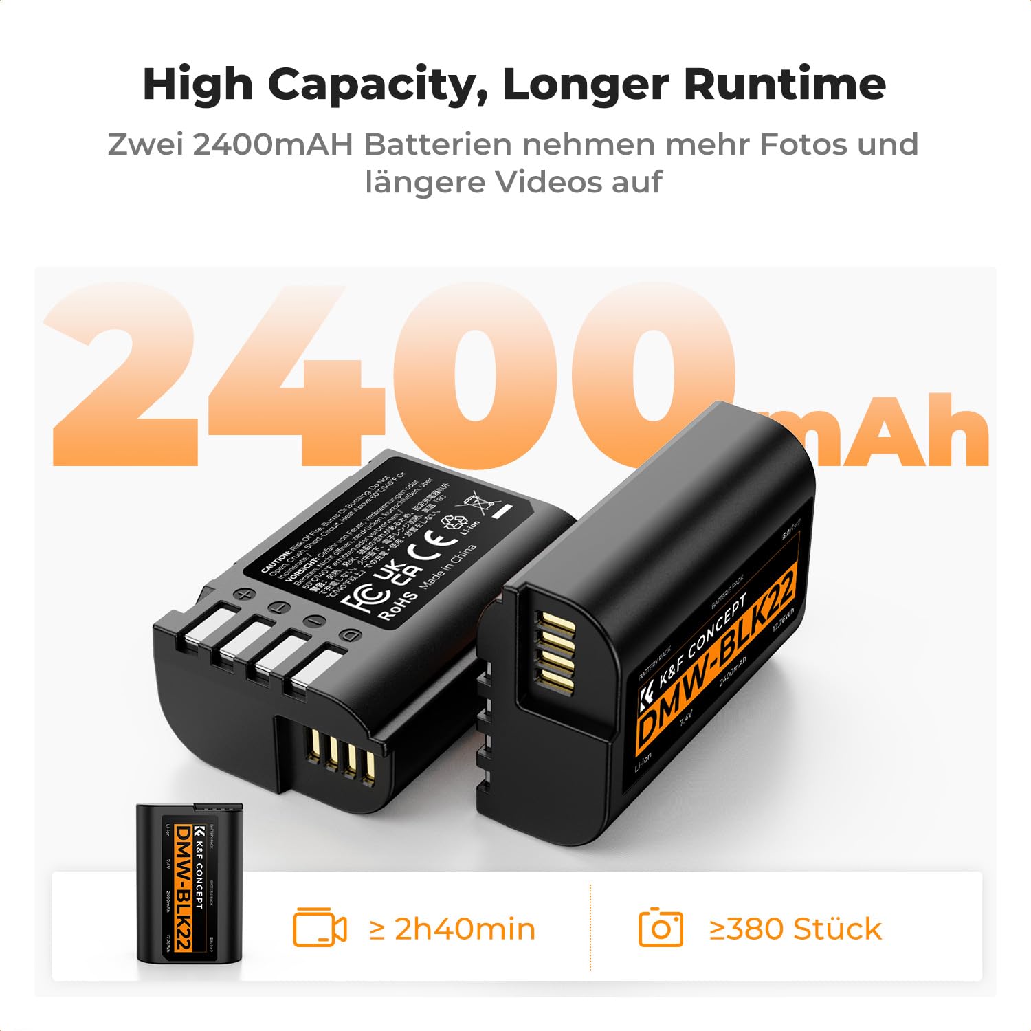 K&F CONCEPT DMW-BLK22 Akku 2er-Pack 2400mAh + LCD Dual-Slot-Ladegerät, voll entschlüsselt kompatibel mit Panasonic Lumix DC-S5 S5 II GH5 II GH6 S5M2, 7,4V/8,4V