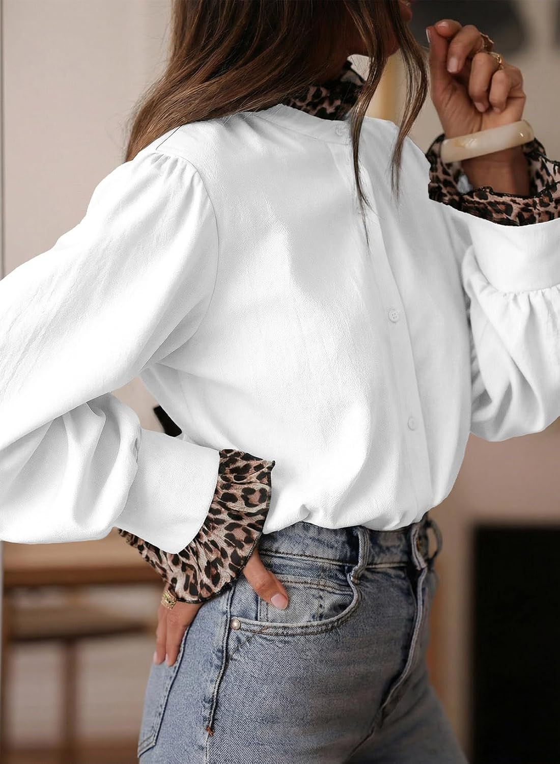 Astylish Womens 2026 Button Down Blouses Leopard Printed Trim Contrast Ruffle Cuff and Collar Puff Long Sleeve Shirts Tops