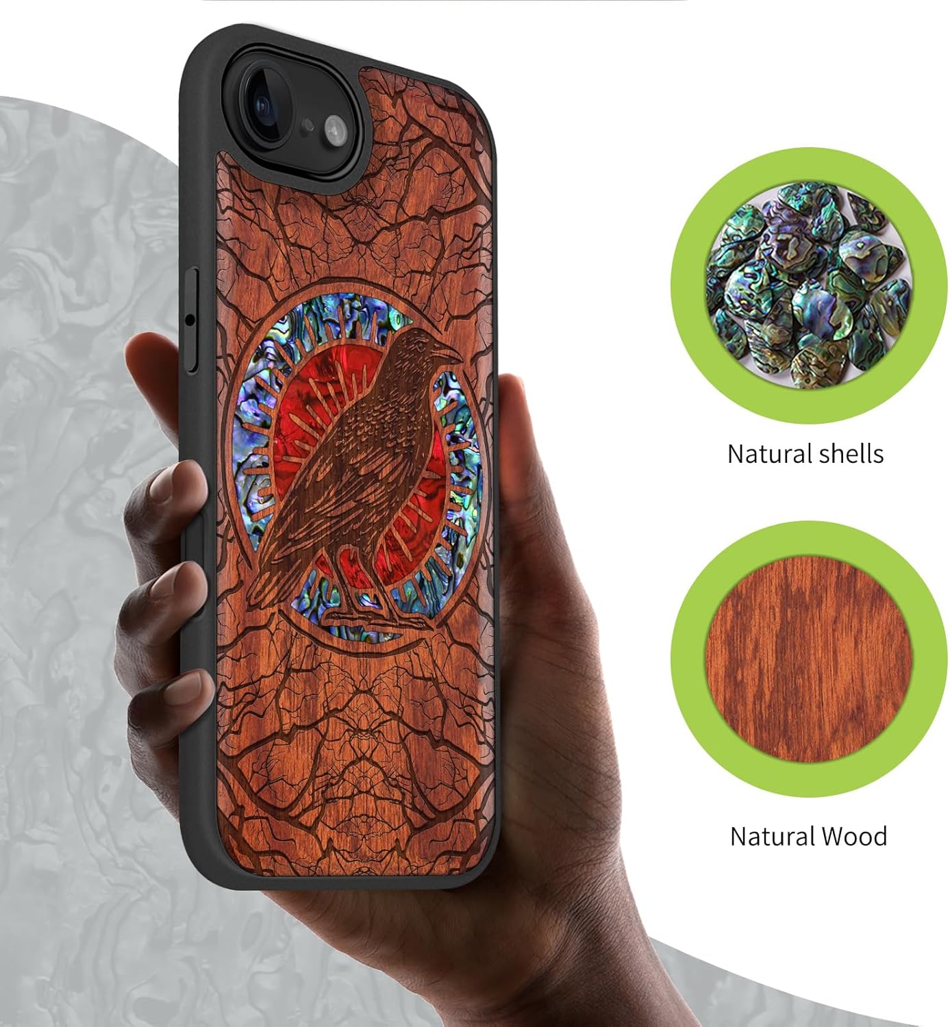 Carveit Magnetic Wooden Case for iPhone 16e / 17e, Wood Artisan Engraved & Handmade Shell Inlaid, TPU Shockproof Cover, Compatible with MagSafe Wireless Chargers, The Haloed Crow - Rosy