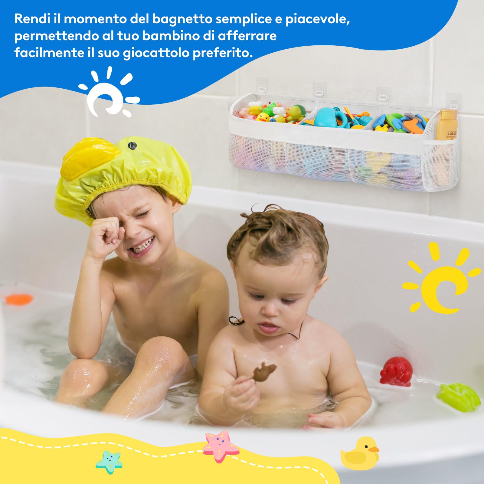 Rete Porta Giocattoli Da Bagno, Organizer Appendibile Con Ventose, In Poliestere, Grande Capacità, 60x20 Cm, Per Vasca E Doccia, Bianco, Facile Installazione