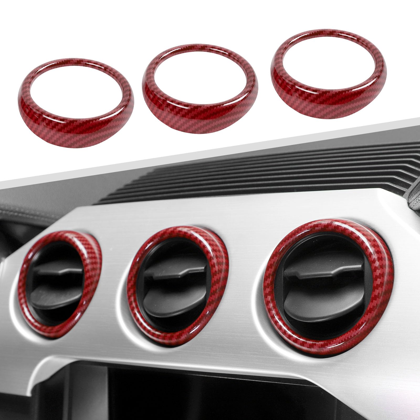 Jimen Compatible with Ford Mustang 2015-2023, 3PCS Center Console Dash AC Vent Cover Trim Ring (Red Carbon Fiber)