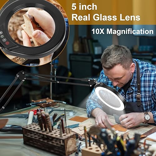 Miniatura 3 de VEEMAGNI Lupa grande de 5 pulgadas con luz y soporte, 5 modos de color regulable continuo, lámpara de escritorio con abrazadera LED de brazo