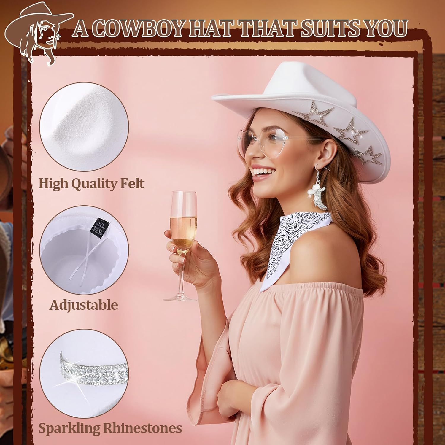 White Cowboy Hat for Women Men with Sparkly Stars Felt Cowgirl Hat with Heart Sunglasses,Bandana and Earrings