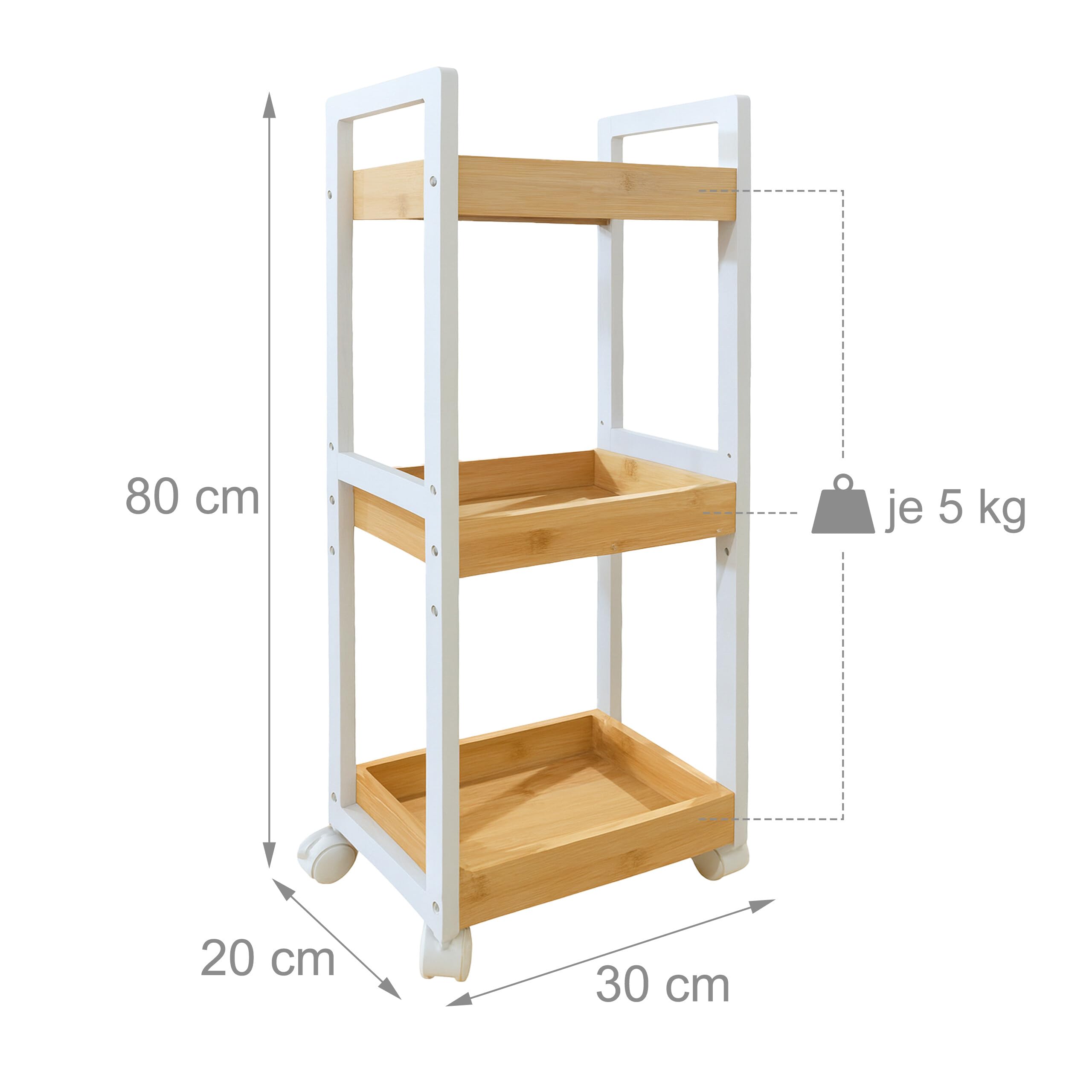 Carro Relaxdays, 3 estantes, bambú, HBT: 80 x 30 x 20 cm, baño y Cocina, Carro Estrecho, Natural/Blanco