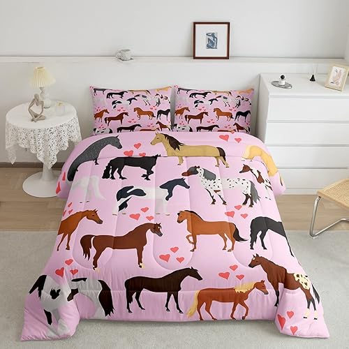 Juego de edredón de caballo, ropa de cama de vaquera occidental tamaño Queen para niñas y mujeres, kawaii, rosa, amor, marrón, caballos, juegos de