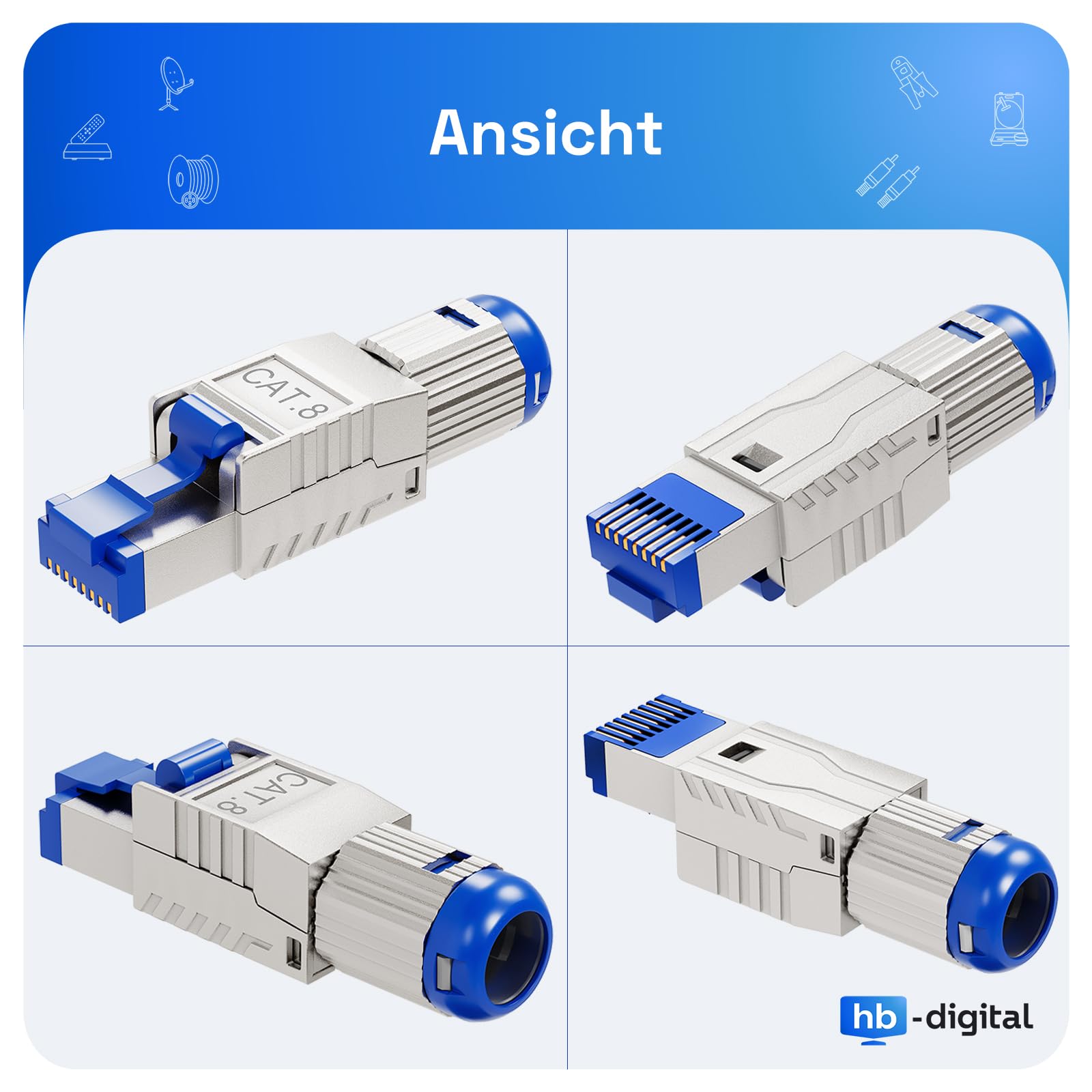 HB-DIGITAL Lot de 8 connecteurs CAT 8 RJ45 pour câble de pose Ethernet LAN rigide – Montage sans outil STP entièrement blindé avec contacts plaqués or 50 µ Connecteur haute vitesse 40 Gbit/s