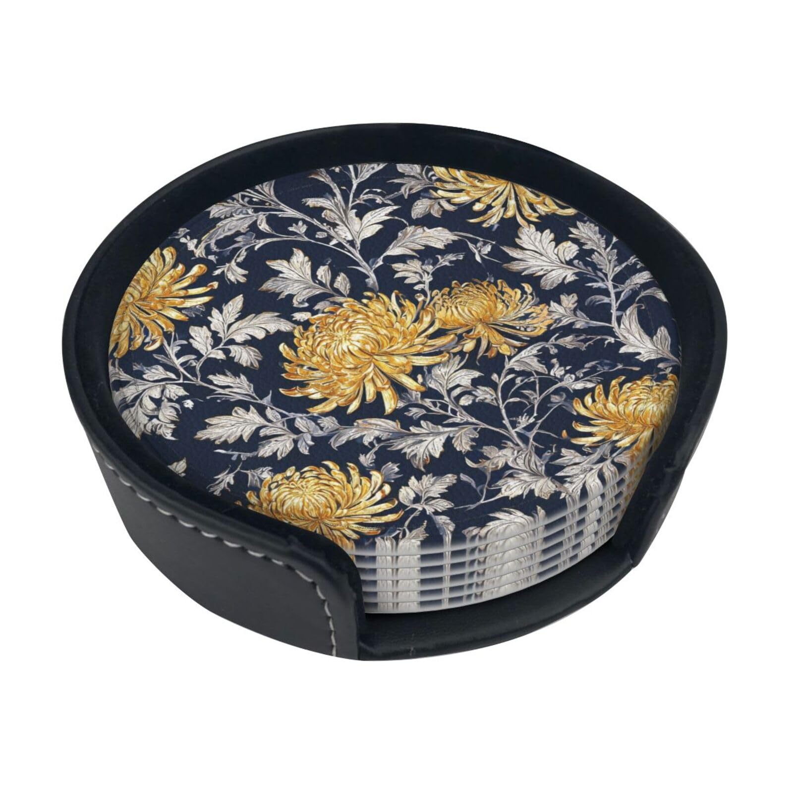 Navy Chrysanthemum Leather Coasters-Set of 6 with Storage Holder