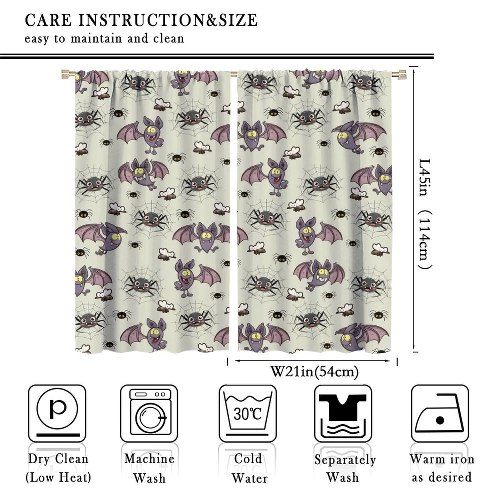 INSFBRB Cartoon Animal Bat Blackout Curtains for Bedroom - Halloween Cute Bat Funny Spider Print Window Drapes,Rod Pocket Room Darkening Curtains 2 Panels 45L x 21W
