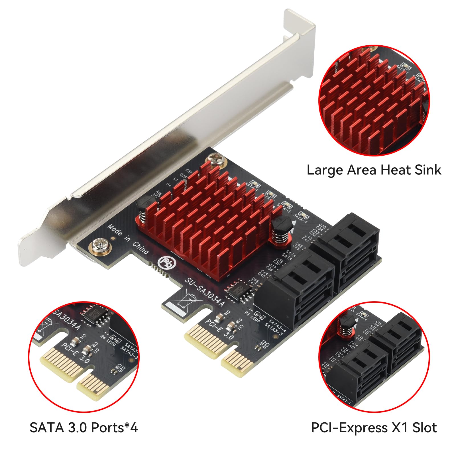 ELUTENG Adaptateur PCI-E vers SATA 4 ports PCIe carte d'extension 6 Gbps SATA 3.0 contrôleur PCI Express Carte contrôleur avec 4 câbles SATA Support à profil bas pour Windows/Vista/Linux