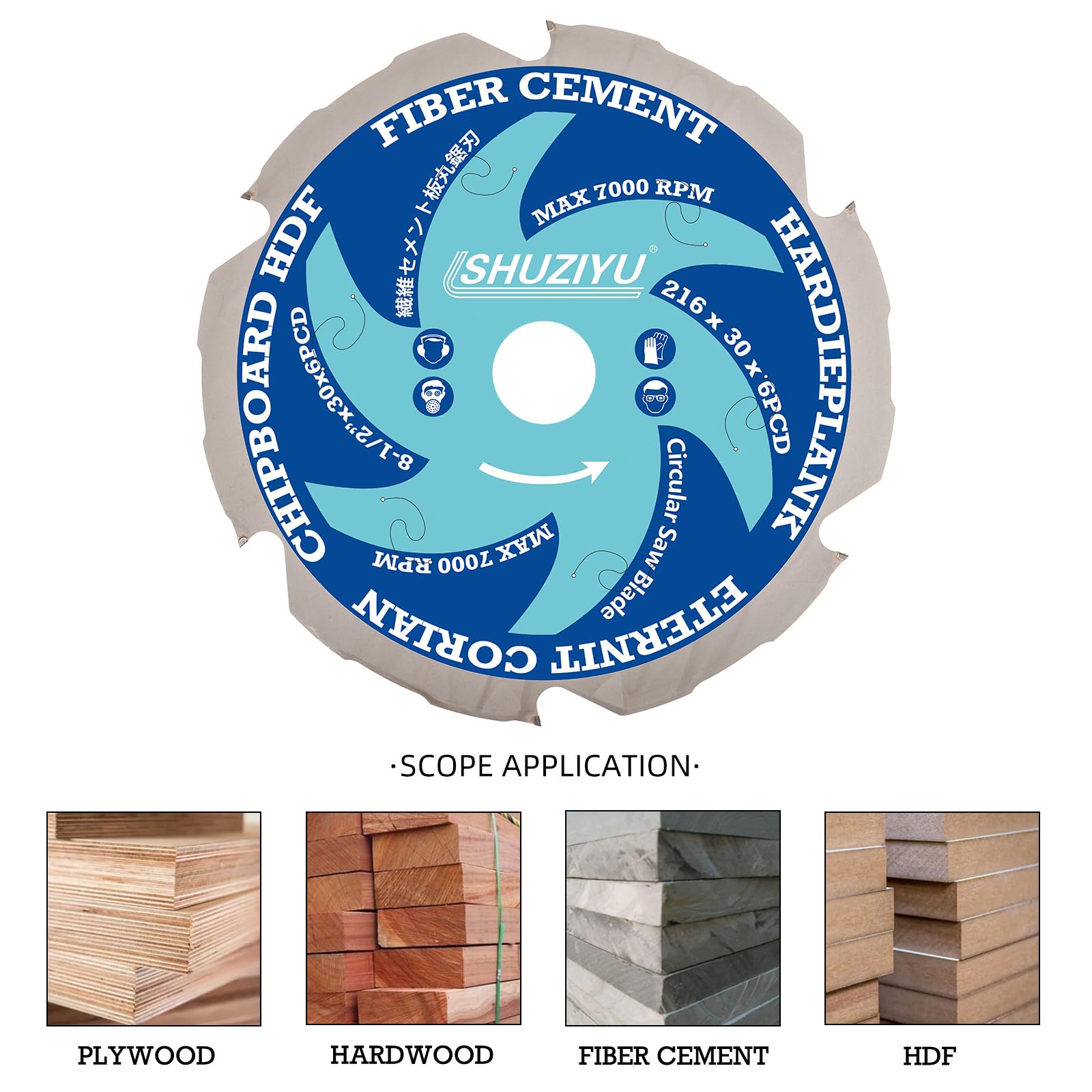 216mm, 6-PCD, Árbol 30mm, Punta de Diamante Policristalino, Hoja de Sierra Circular de Fibra de Cemento.