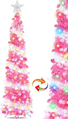 Miniatura 7 de Lápiz preiluminado de 5 pies con temporizador para decoración de árbol de Navidad, 50 luces cálidas, lentejuelas de estrellas, funciona con pilas,