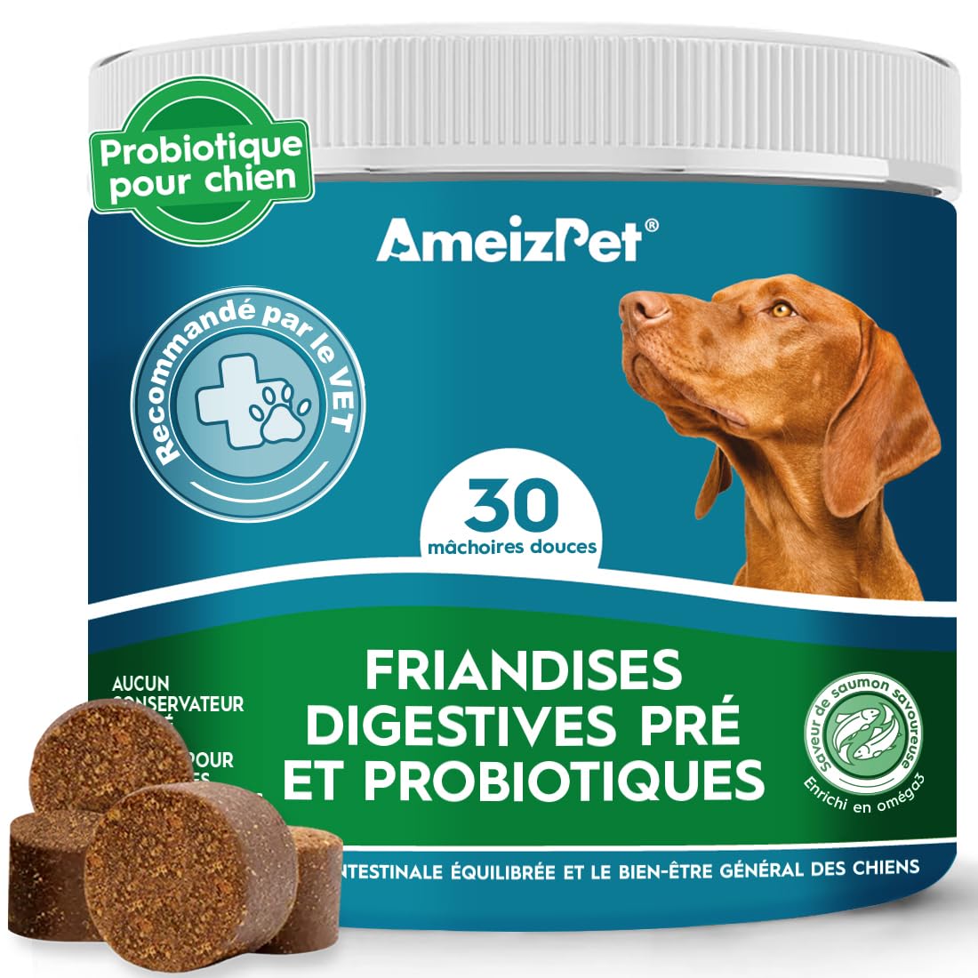 AmeizPet Dog Pré et Probiotiques pour La Santé Intestinale, Biscuits Probiotiques Naturels Chien - Friandises Digestives Probiotique pour La Santé Intestinale du Chien, 30 Friandises