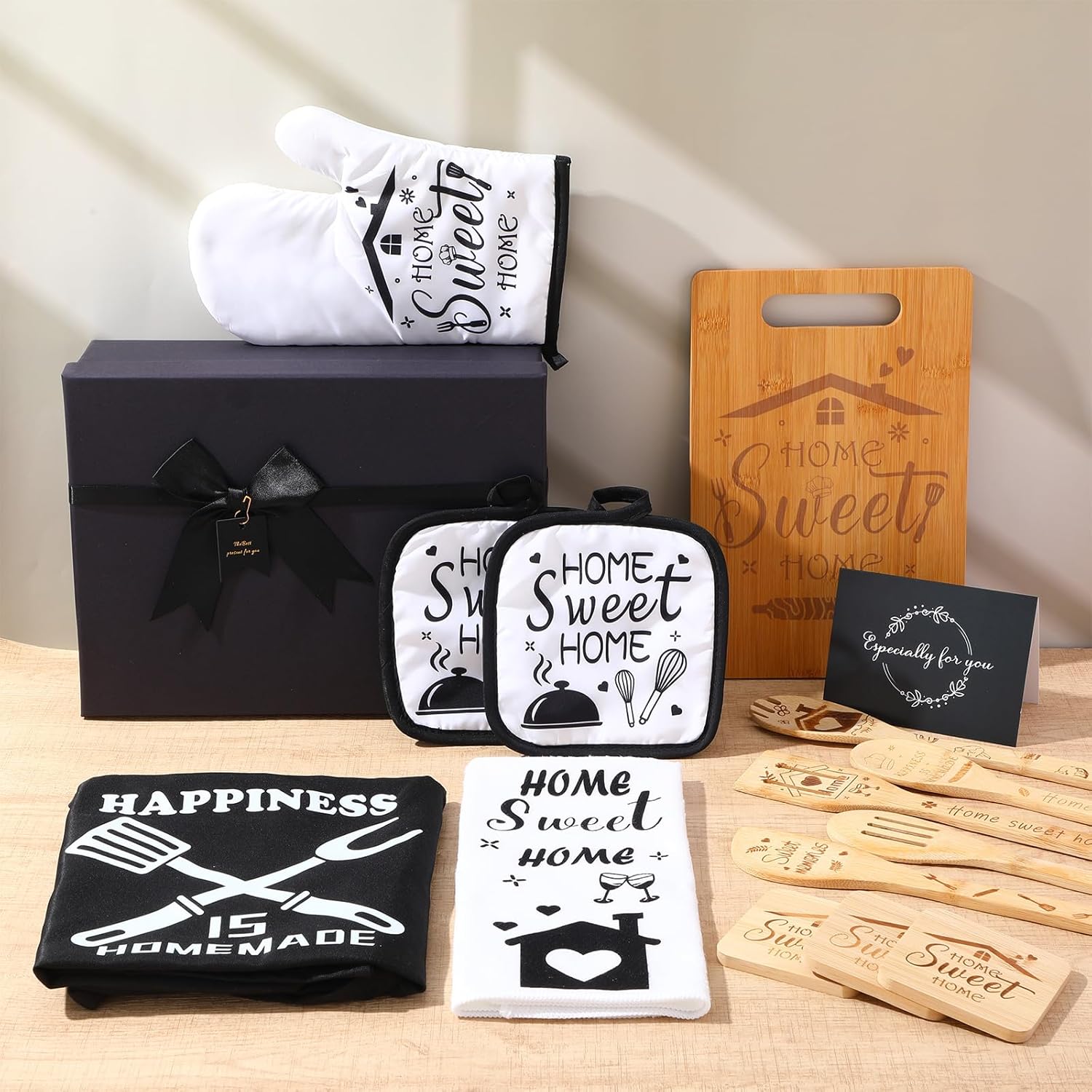 Patelai 17 Pcs House Warming Gifts New Home, Housewarming Gift Basket for New Homeowner Sweet Couples Home Supplies Include Apron Bamboo Spoons Cutting Board Gloves Cards with Black Present Box