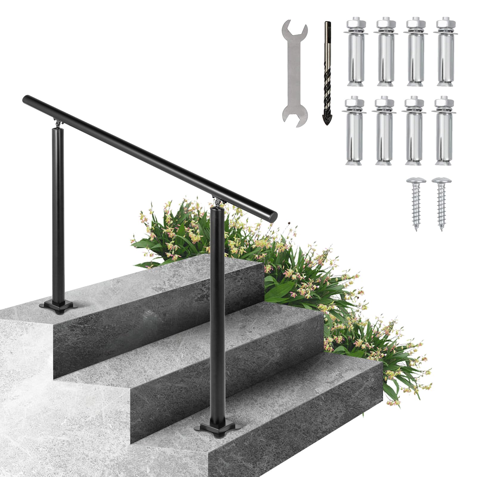 Happybuy Handrail for Outdoor Steps, 2-3 Steps Black Round Outdoor Handrail, Adjustable Aluminum Staircase Handrail, Thickened Stair Railings for Porch Railing