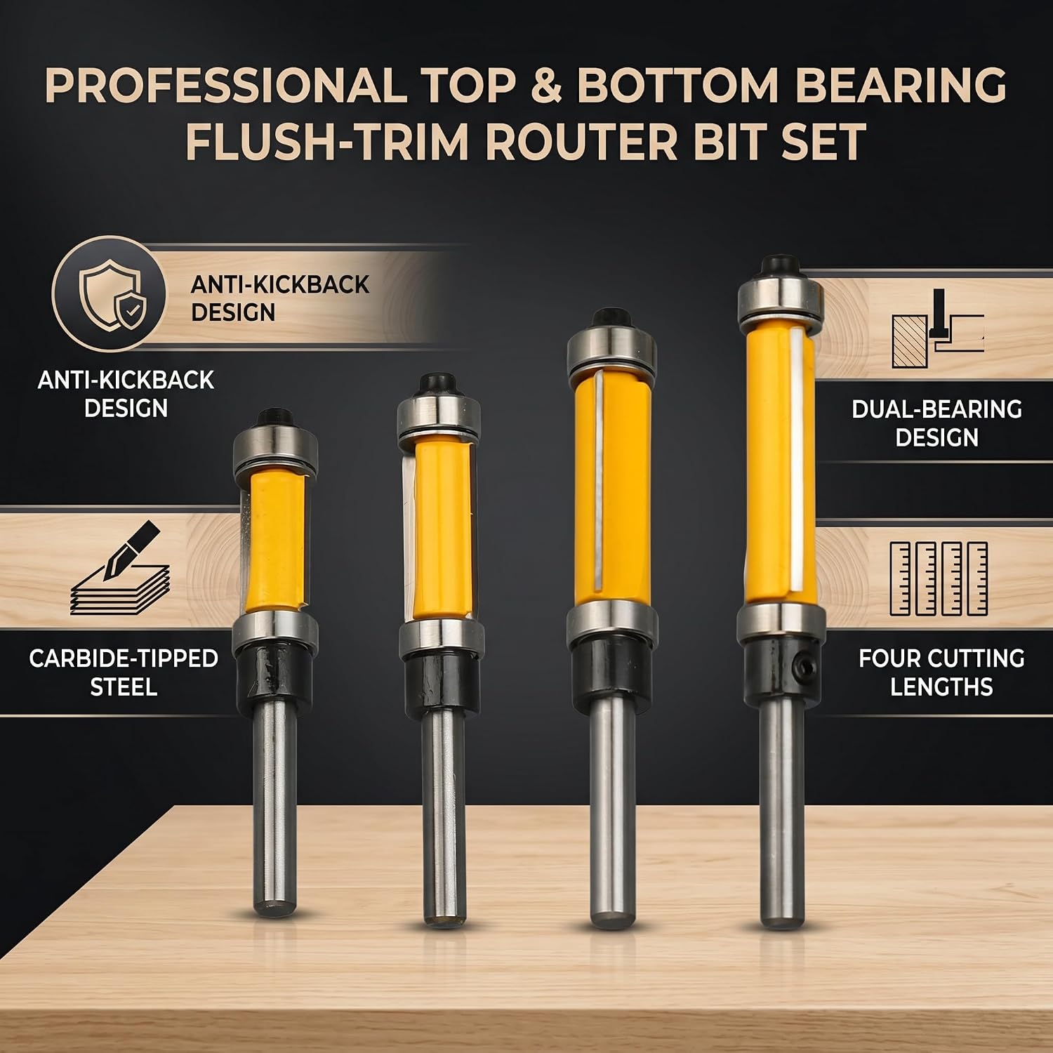 Flush Trim Router Bit Set, Carbide Dual Flute Top and Bottom Bearing Template Trimming for Woodworking Projects Tungsten Carbide 1/4 Inch Shank 1/2 Inch Dia 4 Pack