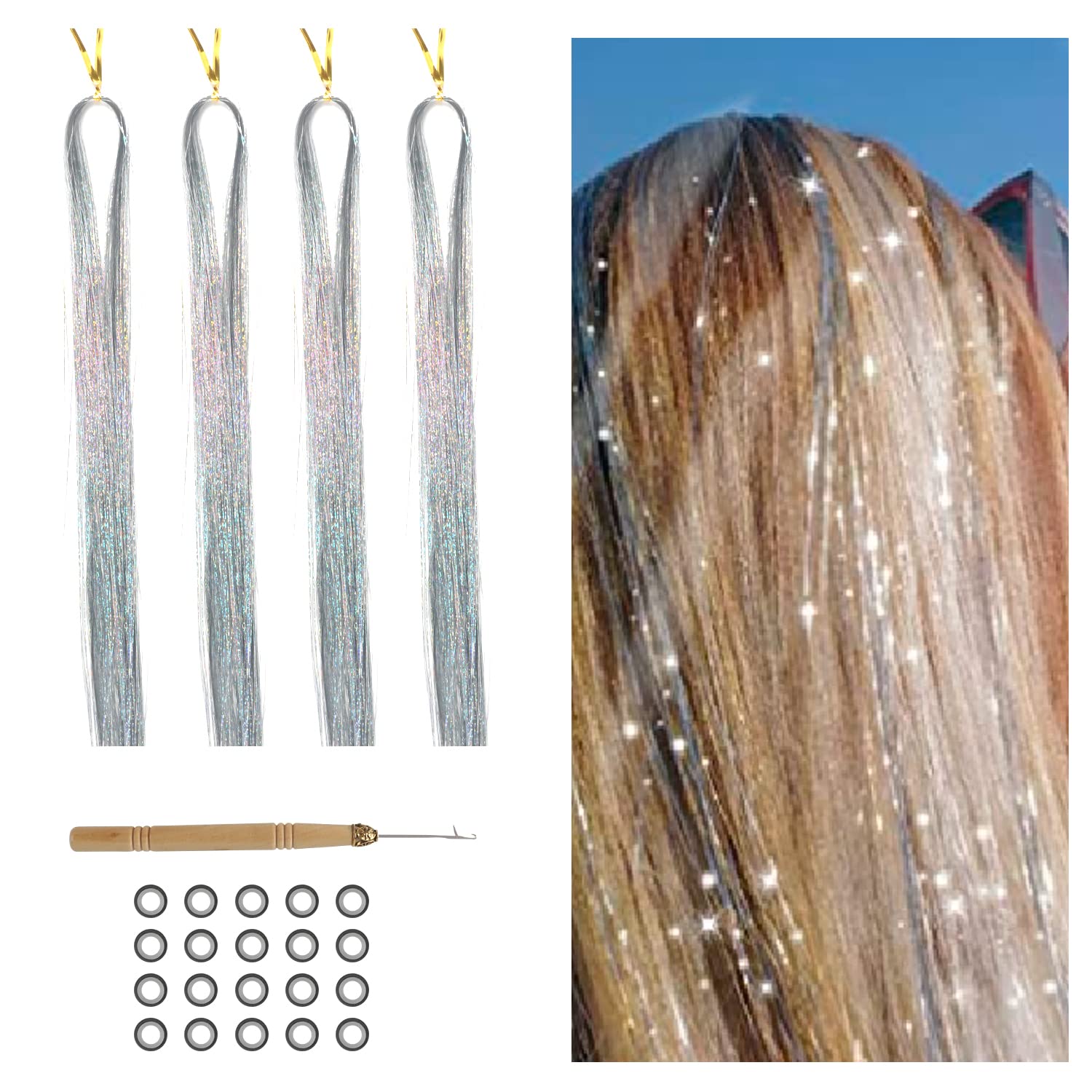 800 Glitzer Haarsträhnen Lametta für Haare 120 cm Tinsel Hair