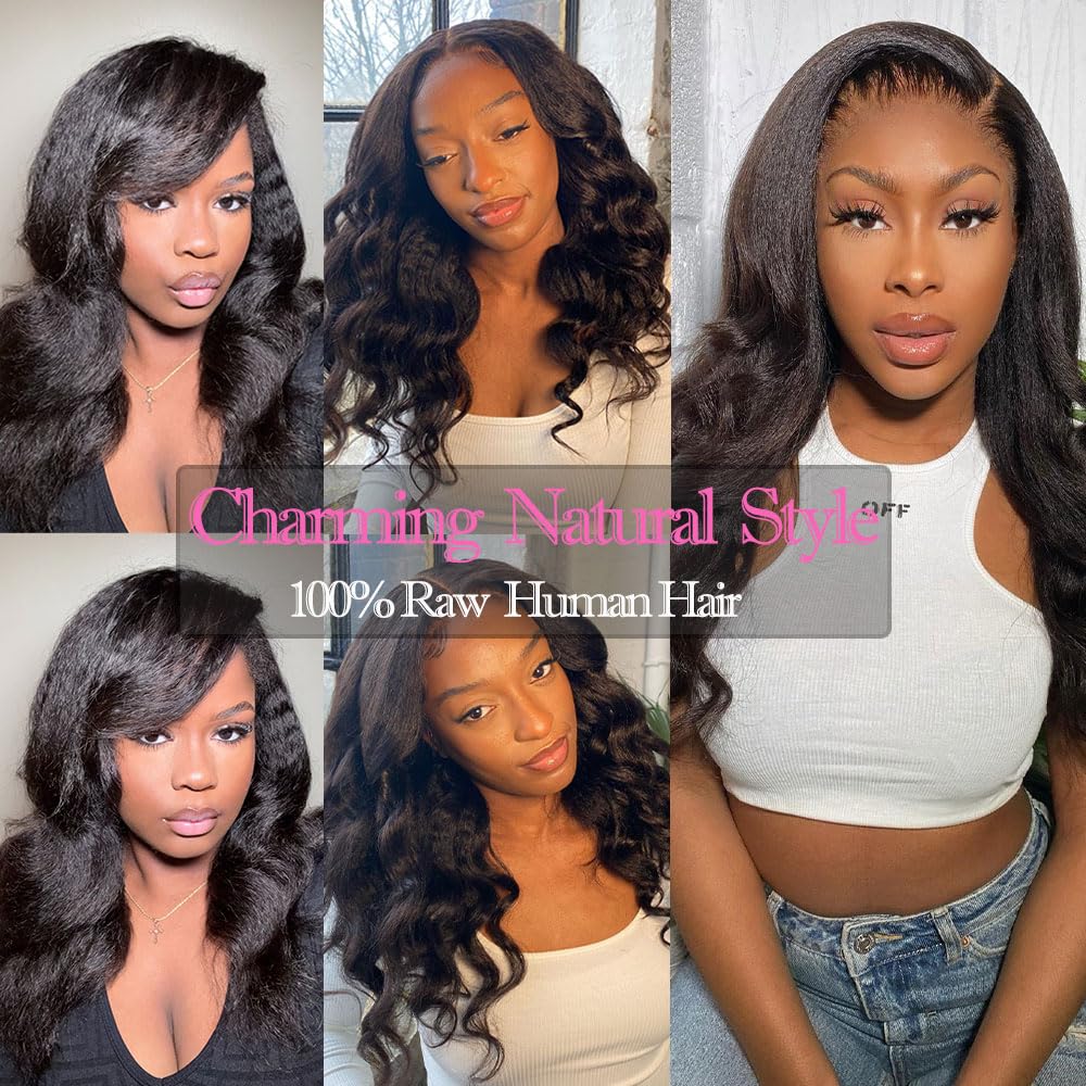 Bye Bye Knots Glueless Kinky Straight and Body Wave Wig Melted Hairline 5x5 HD Lace Closure Wigs Human Hair Pre Plucked 180% Density Bleached Knots Body Wave Human Hair Wig Ready to Wear (14inches)