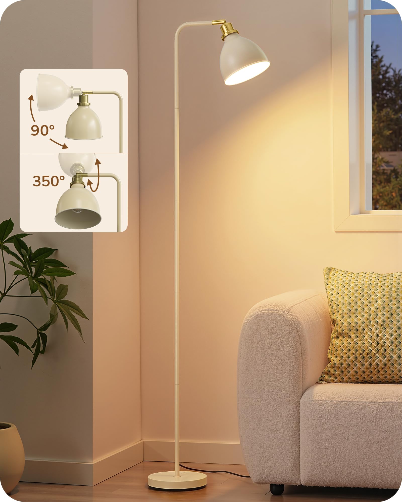 EDISHINE Stehlampe Industriell, Verstellbarer Kopf, Inkl. LED, Cremeweiß | mit Metall-Lampenschirm, E27-Fassung, 2700 K Warmweiß, Leselampe für Wohnzimmer, Schlafzimmer & Büro, 155 cm