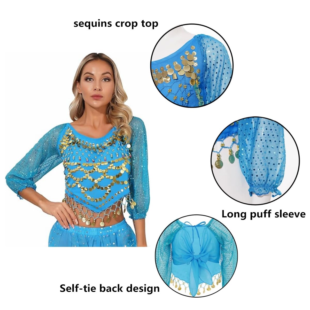 Camiseta de danza del vientre para mujer, manga larga abombada, de gasa, con lentejuelas, para danza del vientre, blusa con borlas y monedas con purpurina para festivales, club, camiseta corta tribal