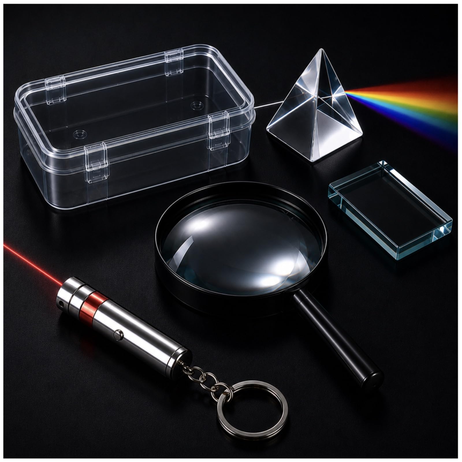 optics science kit 4 in 1 physics lab set with 3" magnifying glass, 38x38 mm glass prism, red laser pointer & 75x50x12 mm glass slab for school & college laboratory
