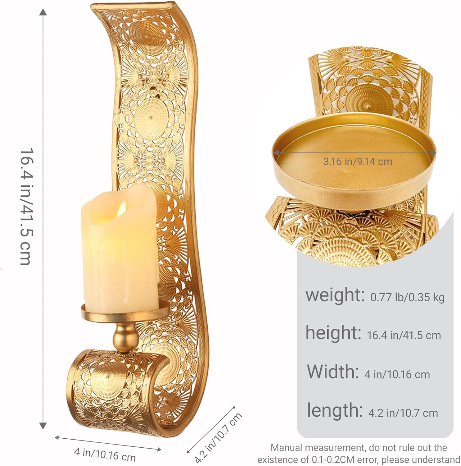 Wall Candle Sconce Set of 2,Gold Metal Wall Mount Candle Holder，Spanish Baroque Hollow Carving Wall-Mounting Sconces for Living Room, Bathroom, Dining Areas,Hallways Decorations