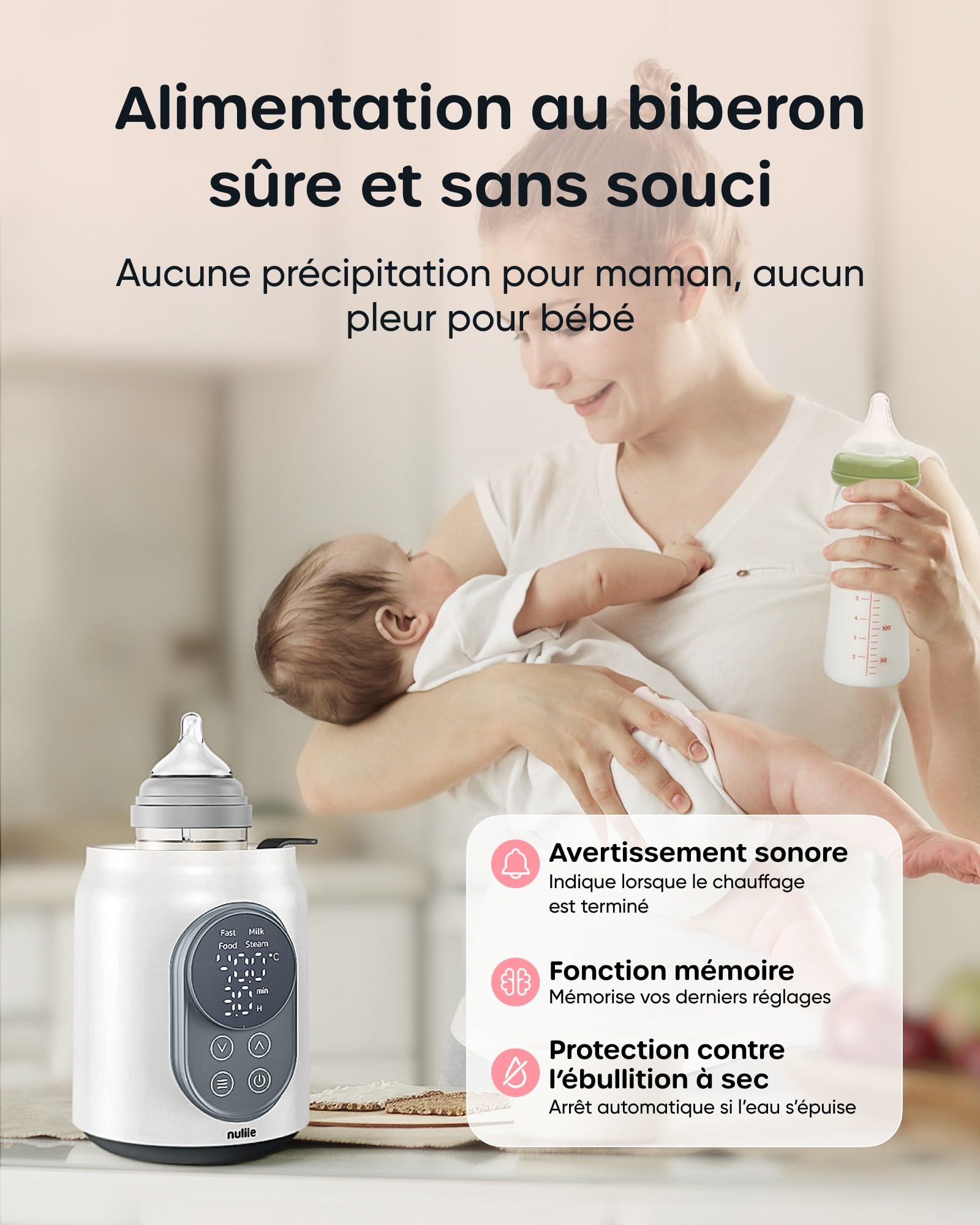 Chauffe Biberon, Nuliie Stérilisateur Électrique Rapide 10 en 1 pour Lait Maternel ou Formule avec Minuterie Numérique Contrôle intelligent de la Température et Arrêt Automatique, 220V