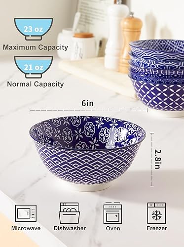 Miniatura 2 de Tazones de cerámica para cereales, cuencos azules y blancos de 23 onzas, juego de cuencos de sopa de porcelana para ensalada, postre, pasta, helado,
