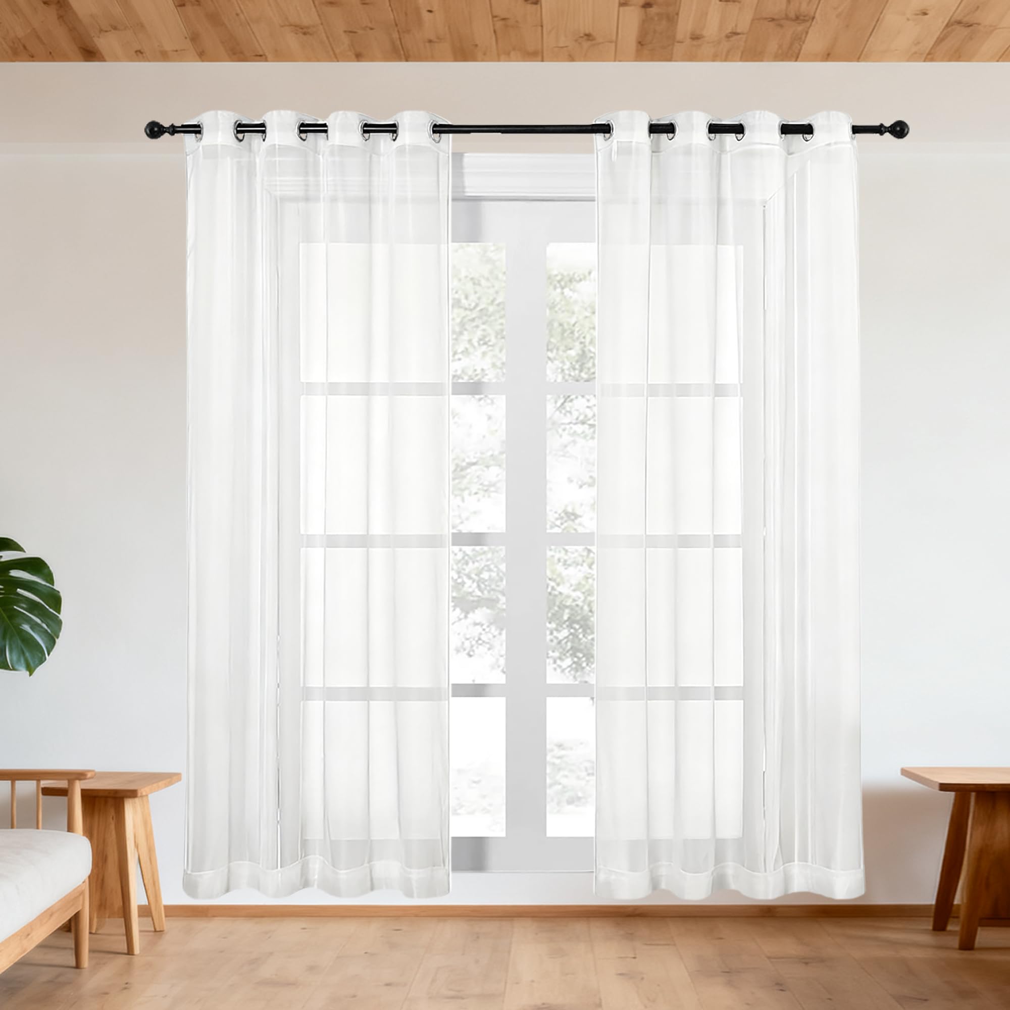 Rideaux voilages à oeillets blancs 300x200 cm pour grand salon et baies vitrées lumineuses