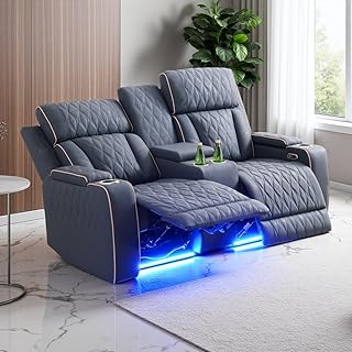 Anthato Power Recliner Loveseat, Living Room Furniture Sets, Luxury Reclining Sofa Loveseat, Sanded Leather 2 Seater Reclining Couch with Cup Holders/Storage/Charging for Living Room/Office, Blue Grey