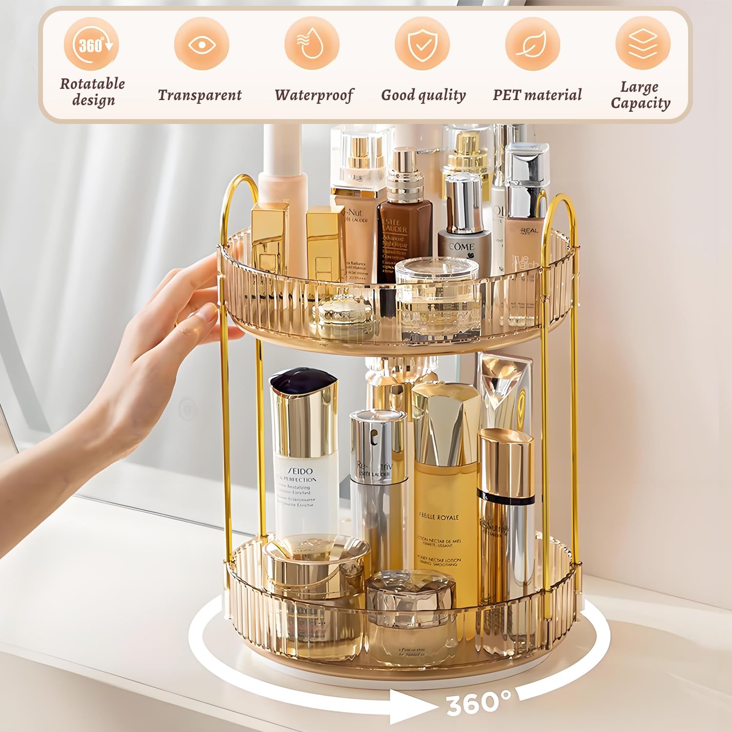 Organizzatore per trucchi per Vanity girevole a 360, organizer per cosmetici di grande capacità per rossetti, gioielli, cura delle unghie, cura della pelle, profumi, organizer da scrivania ideale per