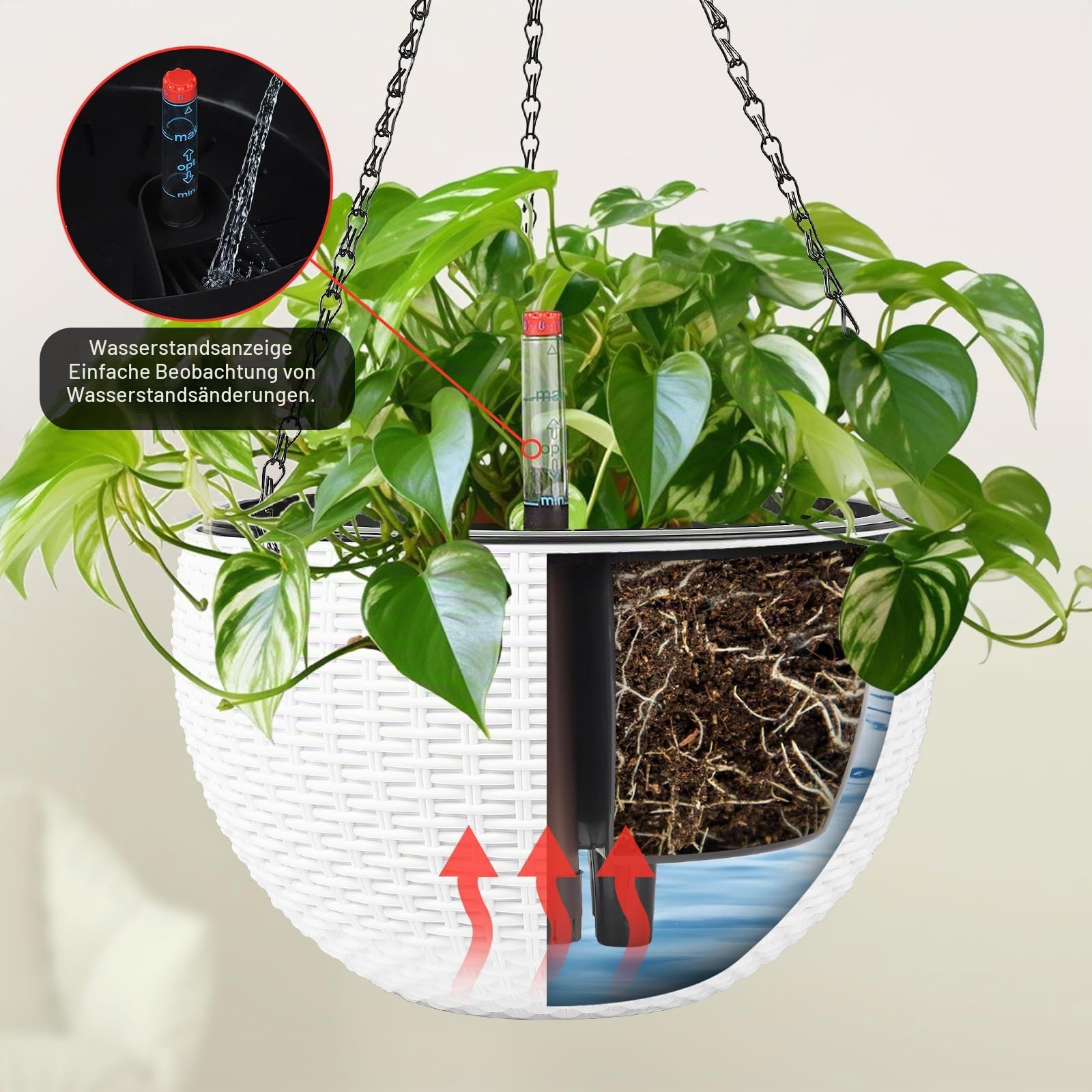 CPROSP 2tlg 28cm Selbstbewässerungstopf Hängend mit Wasserstandsanzeigen, Selbstwässernder Blumentopf, Blumenampel, Hängeblumentöpfe mit Drainagelöchern, Blumentopf Wasserspeicher mit Topf System