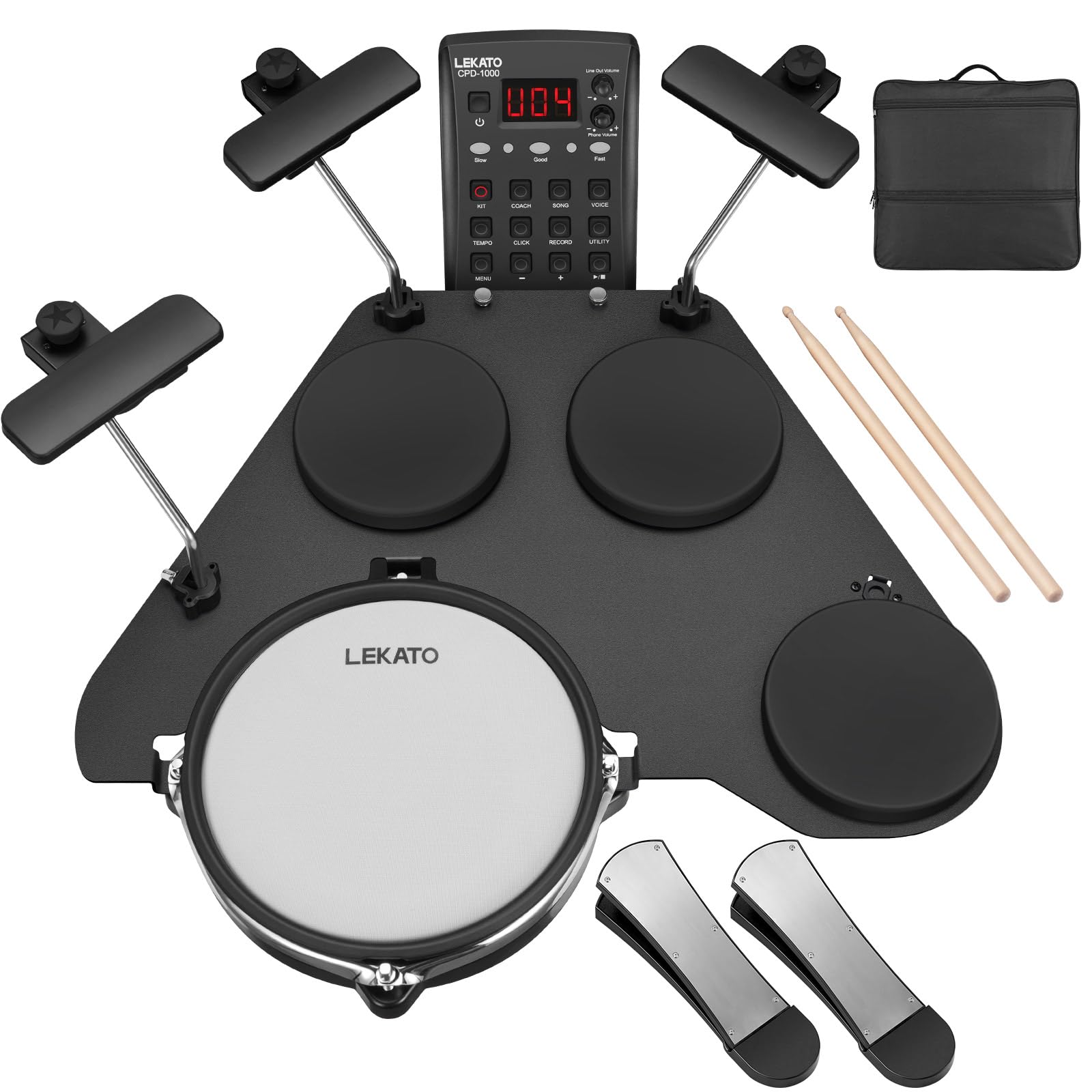 LEKATO Batteria elettronica con cuscinetti a rete silenziosi, batteria elettrica portatile CPD-1000, oltre 20 suoni, USB MIDI, 2 pedali aggiornati, bastoncini, borsa da viaggio
