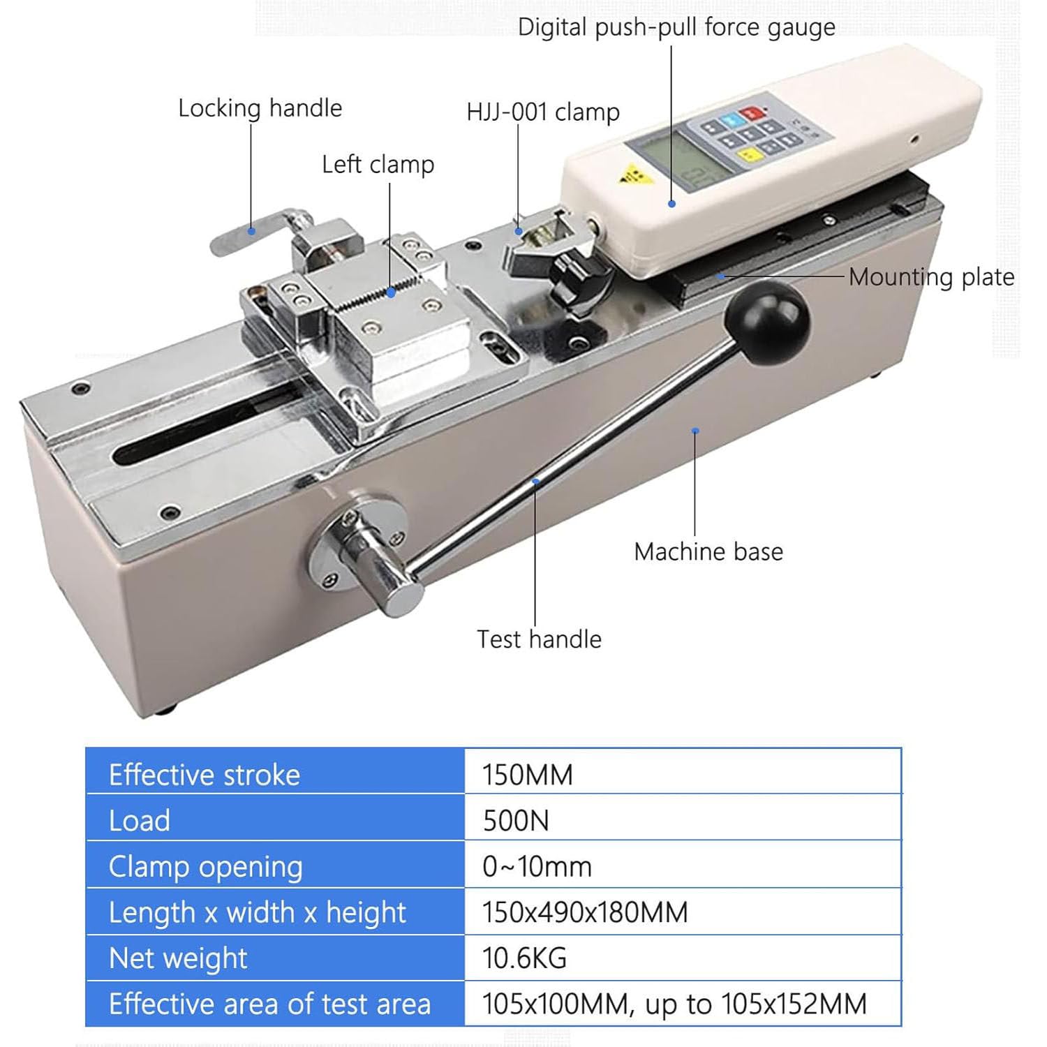 Dinamómetro digital de fuerza de tracción de 500 N, dinamómetro horizontal manual digital de empuje y tracción HPH, comprobador de fuerza, equipo de prueba de fuerza con soporte de montaje