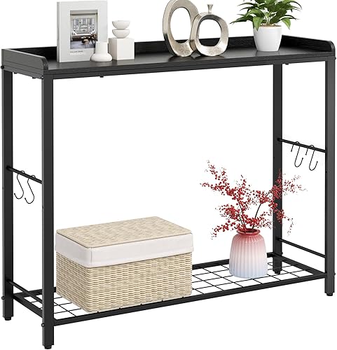 Mesa de entrada de 39.4 pulgadas con estantes de rejilla de metal, mesas de sofá estrechas de 2 niveles y mesas de consola con deflector, mesa