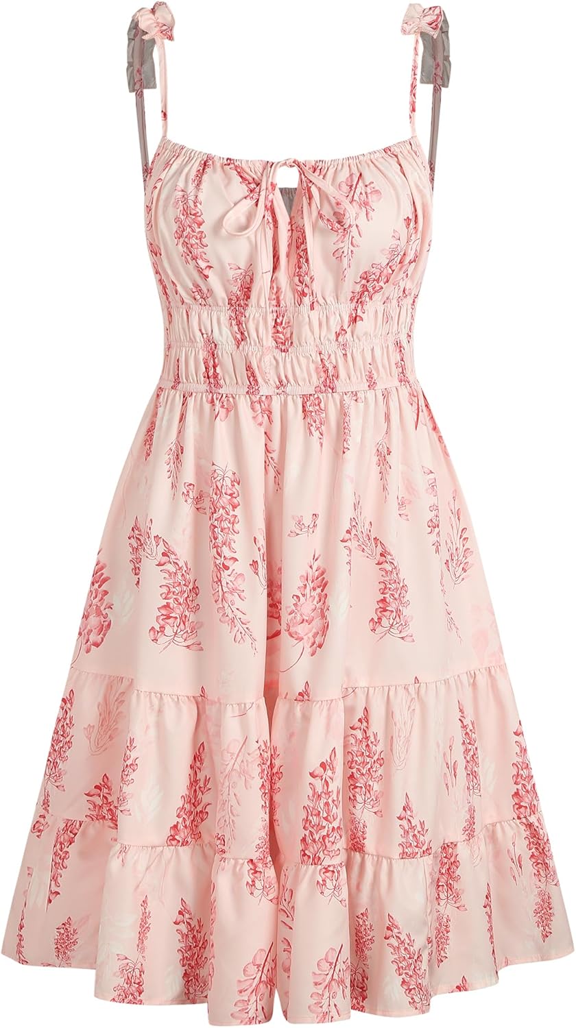 ZAFUL Womens Summer Spaghetti Strap Mini Dress Square Neck Sleeveless Smocked Waist Tiered Flowy Sundresses