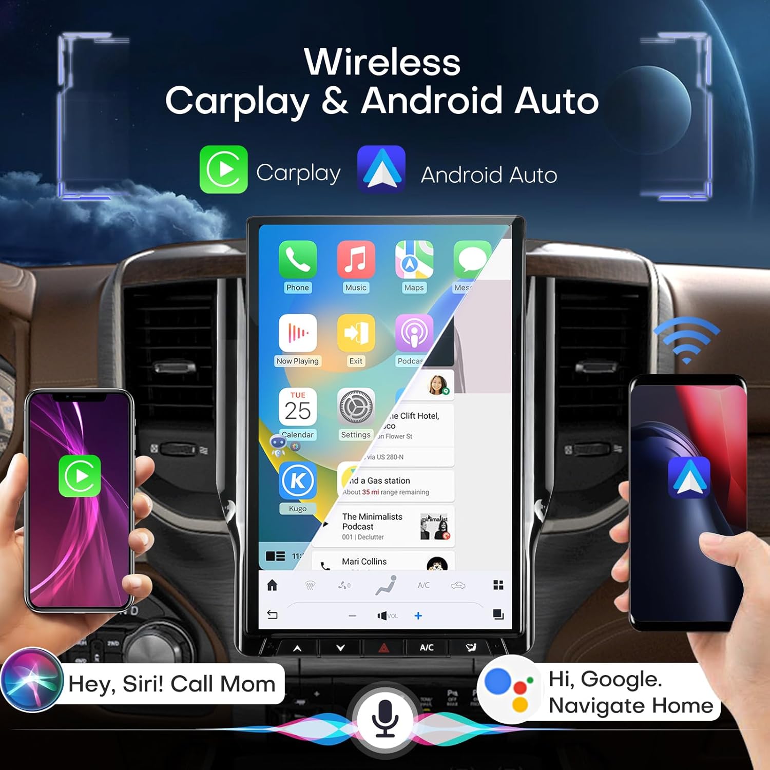 Wireless CarPlay and Android Auto interface displayed on the car stereo, showing phone integration and voice commands
