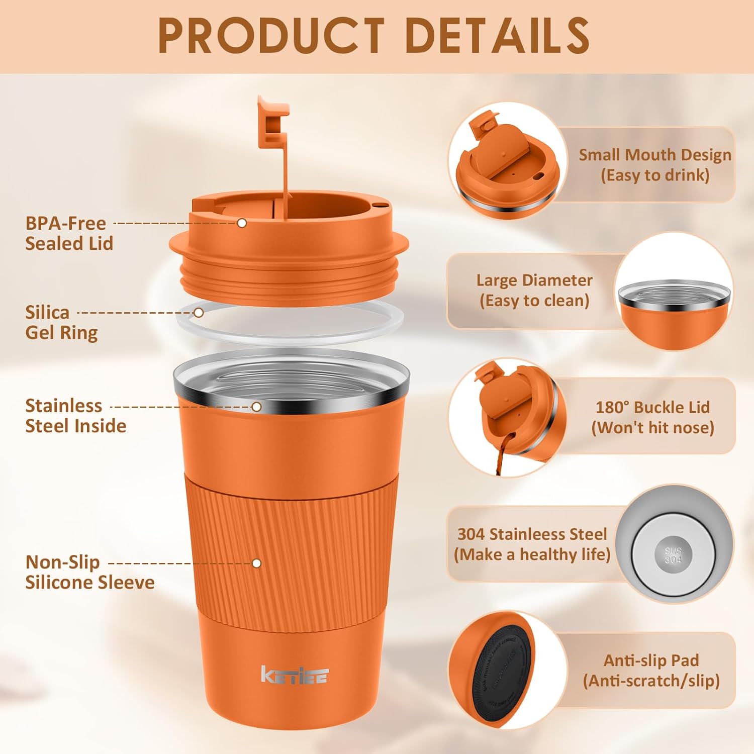KETIEE 12oz Insulated Travel Mug, Vacuum Stainless Steel Double Walled Reusable Coffee Cup with Leakproof Lid, Hot and Iced Coffee Tea Water - Image 3