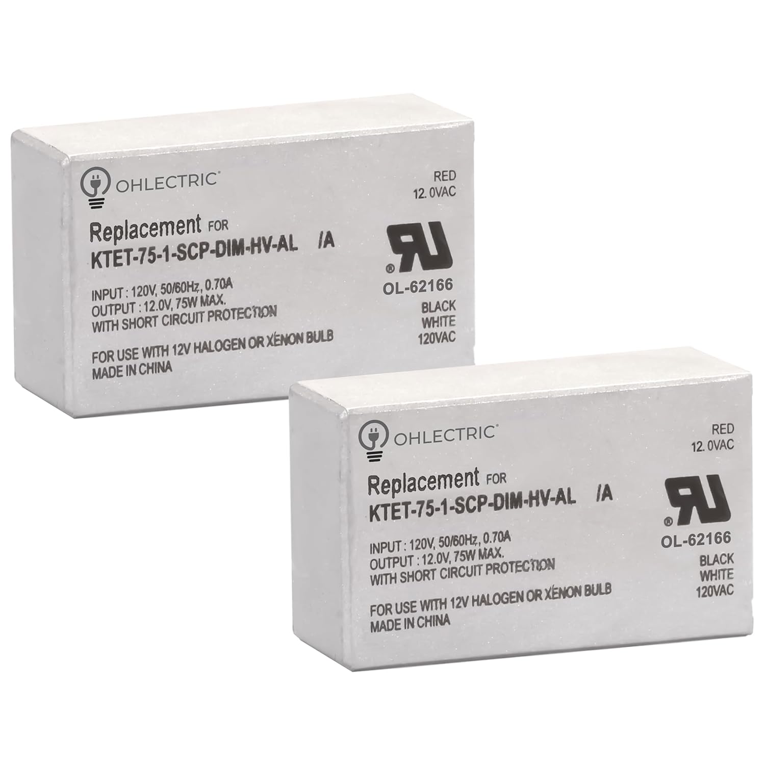 (2 Pack) Replacement for Keystone KTET-75-1-SCP-DIM-HV-AL Dimmable Electronic Transformer – 75W High-Performance 120V Input, 12V Output - Compact Aluminium Case, Ideal for Track & Recessed Lighting