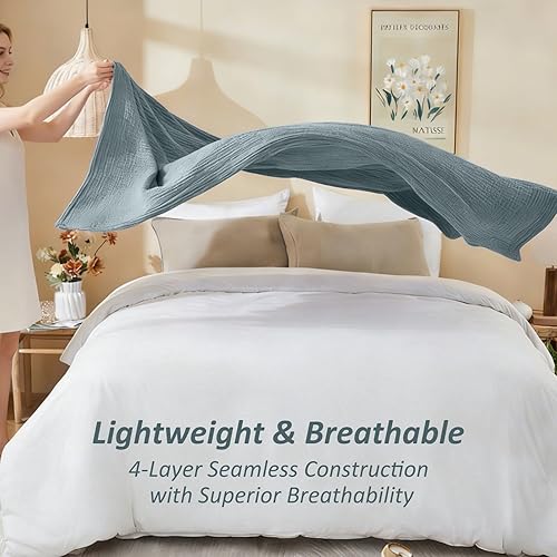Miniatura 5 de EMME Manta Decorativa Grande de Muselina de Algodón para Sofá, Gasa Transpirable Suave y Ligera, Mantas de Cama para Adultos (Verde Azulado 31 -