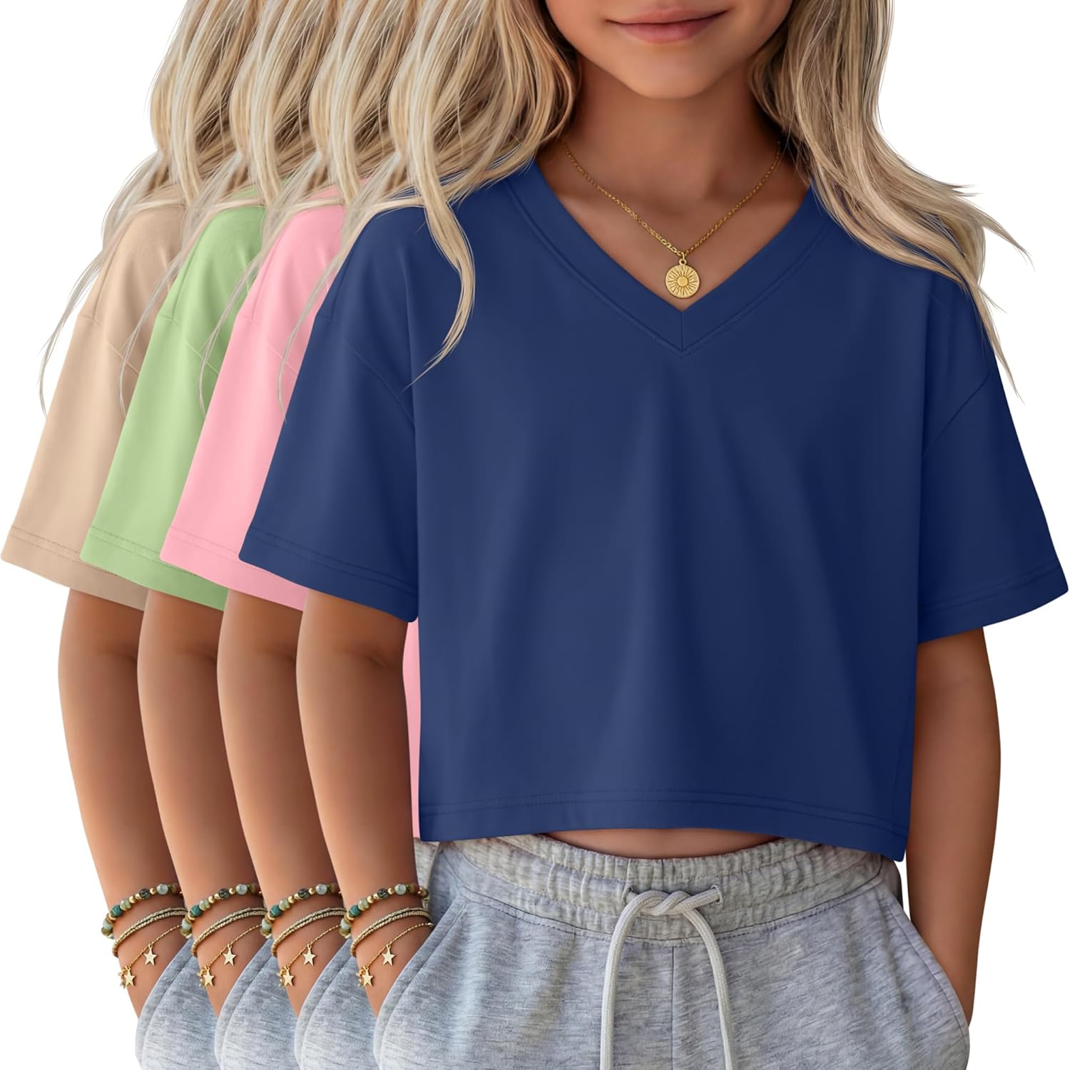 4 Pack Girls V Neck Crop Tops Short Sleeve Loose Fit T Shirts Summer Casual Cropped Top for Kids Size 5-14 Years