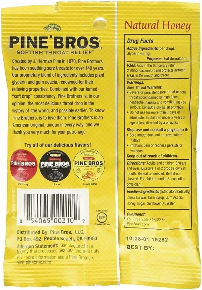 Pine Bros Softish Throat Drops, Natural Honey, 30 Drops Per Bag (5 Bags)