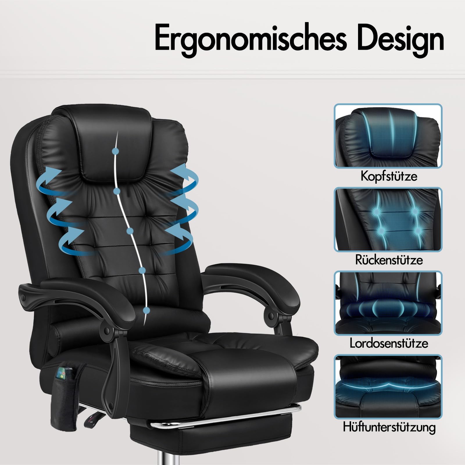 ALFORDSON Ergonomisch Bürostuhl Massage Wärmefunktion,PU-Leder Schwarz