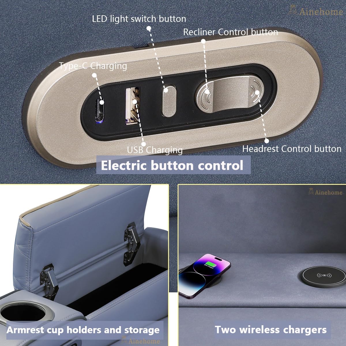 A Ainehome Sanded Leather Power Recliner Sofa Set with LED, 3 Pieces Living Room Furniture Sets, Blue Gray Reclining Sofa Sectional Couches for Living Room with USB Port/Storage Console/Cup Holders