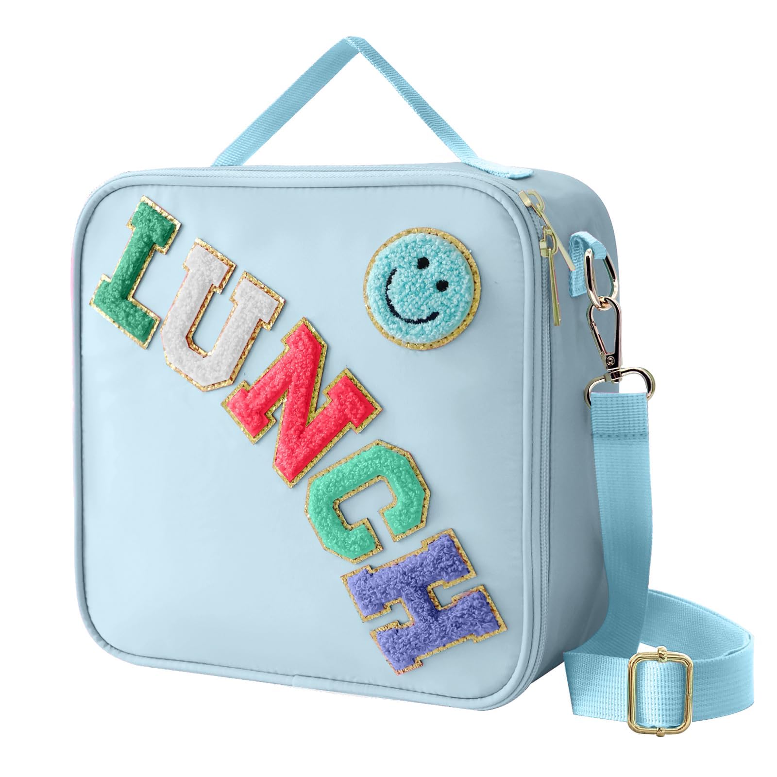 GenericInsulated Lunch Bag With Adjustable Shoulder Strap, Nylon Preppy Lunch Box Large Insulated Lunch Bag Reusable Lunch Tote Bag with Smiley Preppy LunchBag for Girls School Travel Picnic,Blue