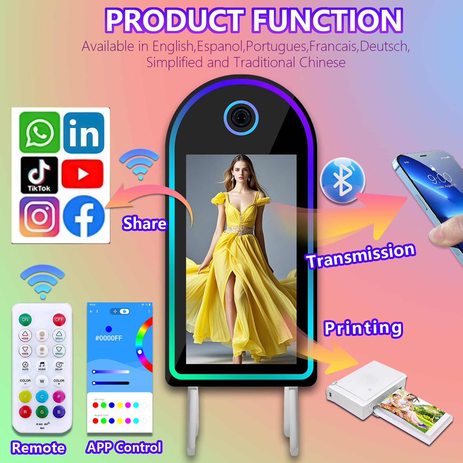 Magic Mirror Fotobudka ze światłem RGB (łukowy ekran dotykowy 32 cale, urządzenie do fotobudki)