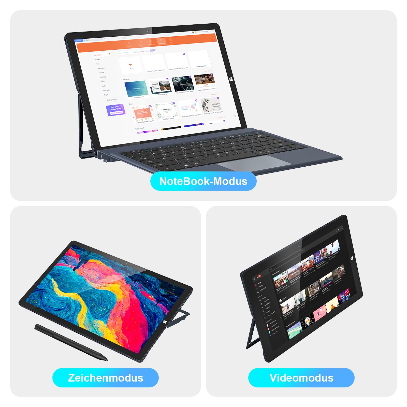 AWOW 10.1'' Tablet PC W-11 mit Gen12 N100, 12 GB LPDDR5, 256 GB UFS, Touchscreen und Abnehmbarer Deutscher QWERTZ-Tastatur - 2-in-1 Mini Laptop(Kein Stift)