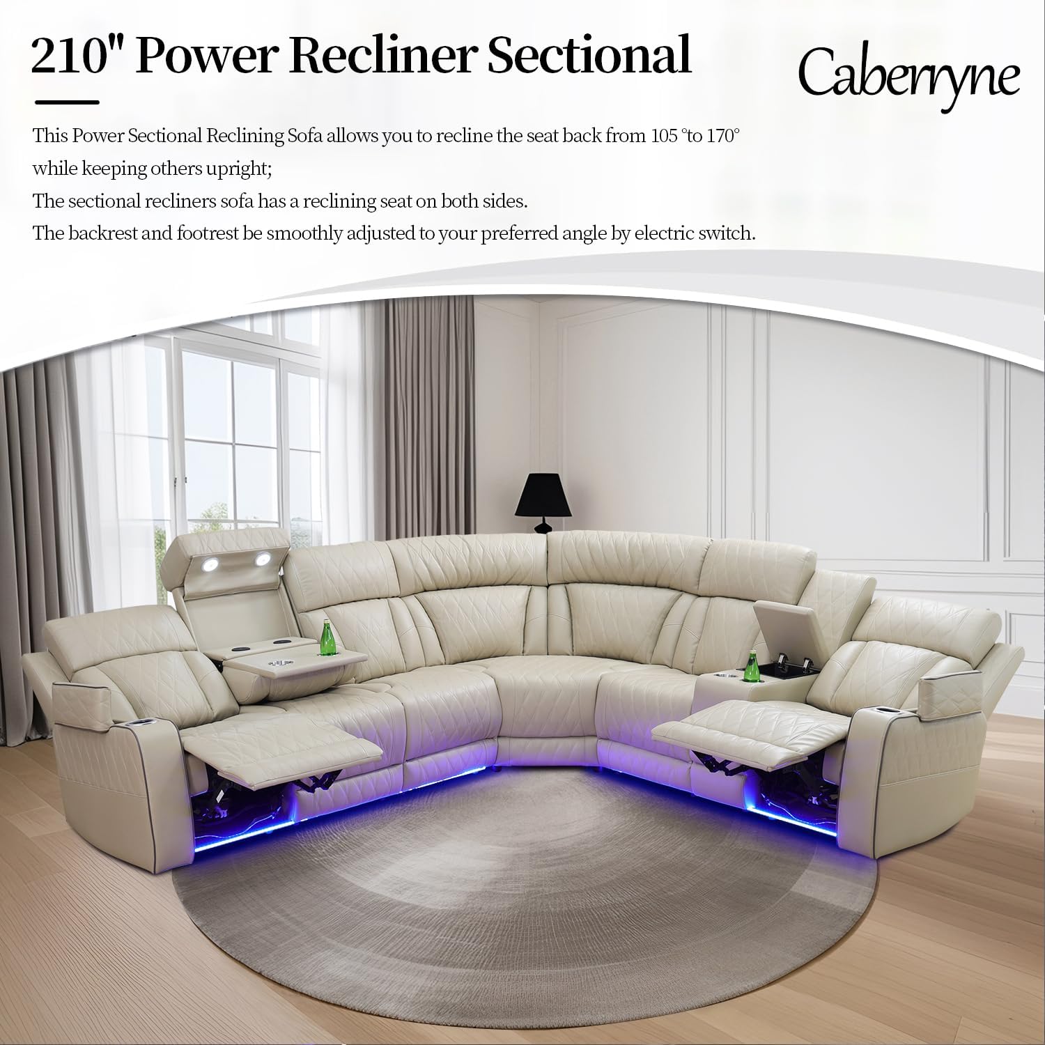 Power Recliner Sectional Sofa for Living Room,Leather Reclining Corner Sectional Couch Set with Double Recliner Seats,Cup Holder,Storage Console for Home Theater Seating,Beige